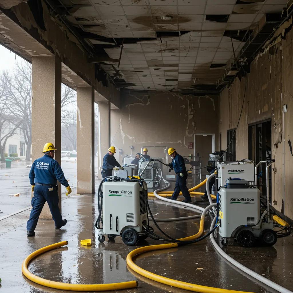 Commercial building undergoing water damage restoration with professionals using extraction equipment