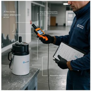 Technician assessing water damage in a commercial space using moisture meters